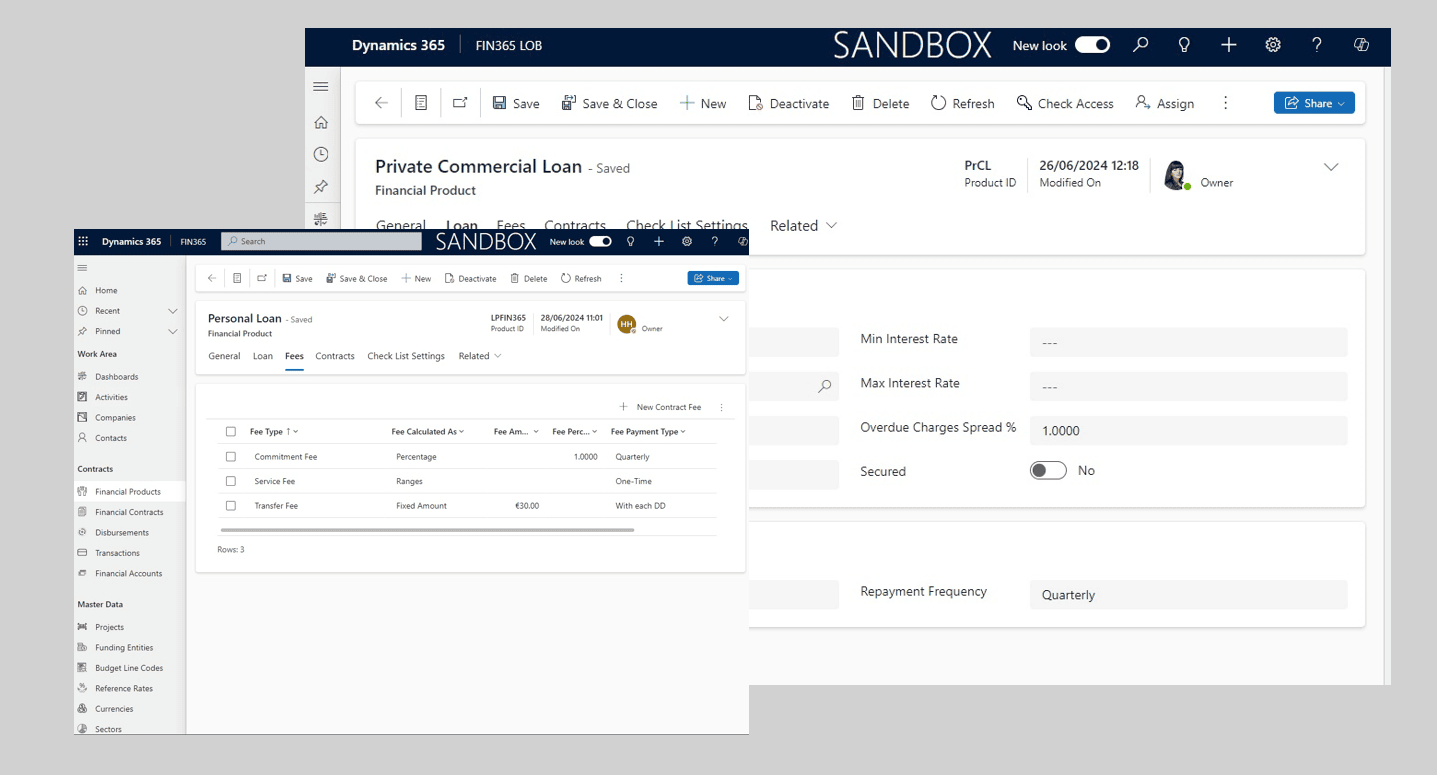 COREFIN financial product setup in Dynamics 365: configurable fee types and a Check List Settings tab