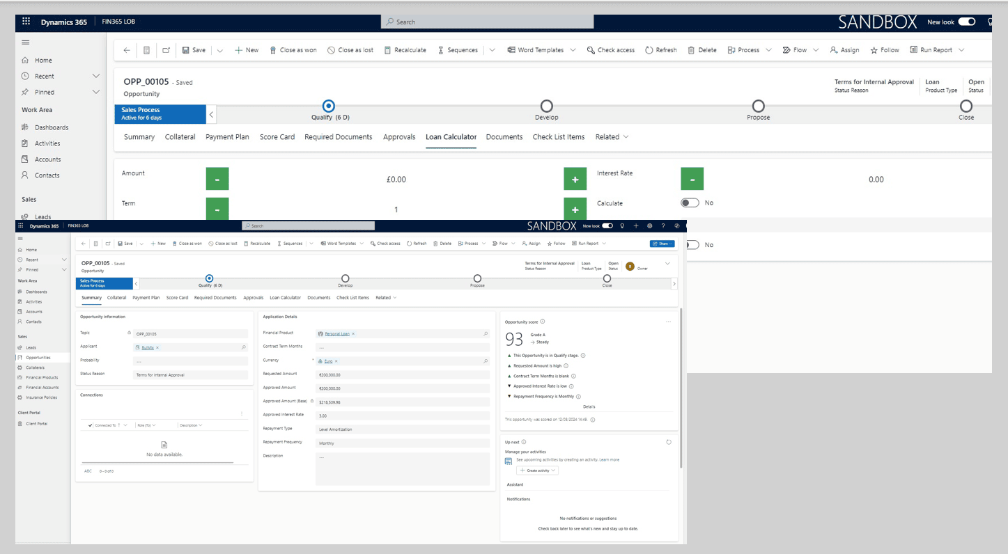 COREFIN loan origination in Microsoft Dynamics 365: personal loan application details showing requested and approved amounts, approved interest rate and repayment frequency