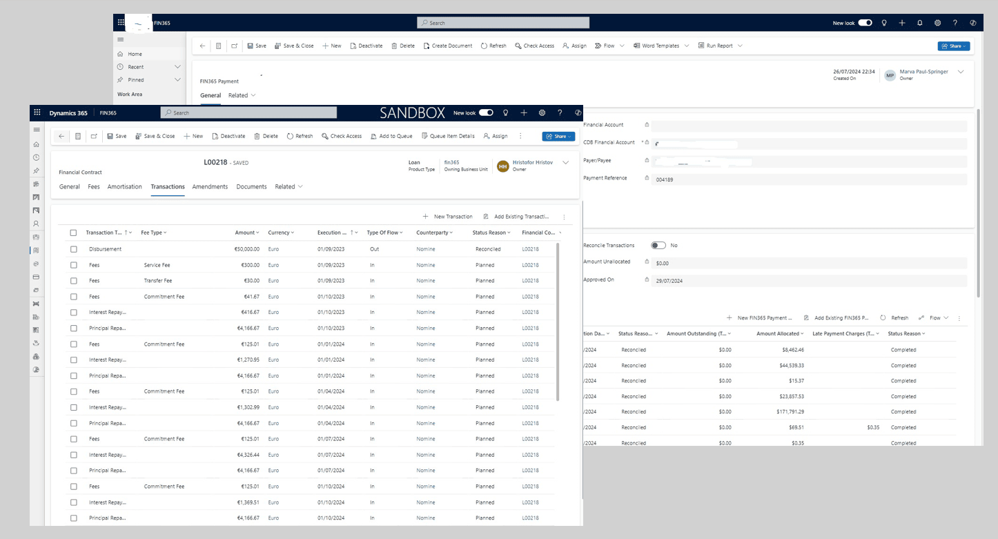 COREFIN payments in Dynamics 365: a contract transactions list showing disbursement, service fee, interest and principal repayment rows with their status