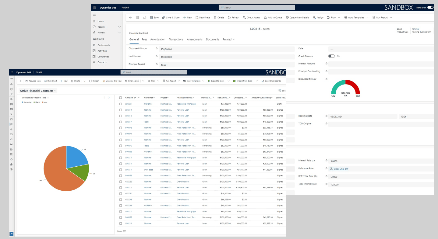 COREFIN contract servicing in Dynamics 365: an active financial contracts list with net amount, undisbursed and amount outstanding per contract